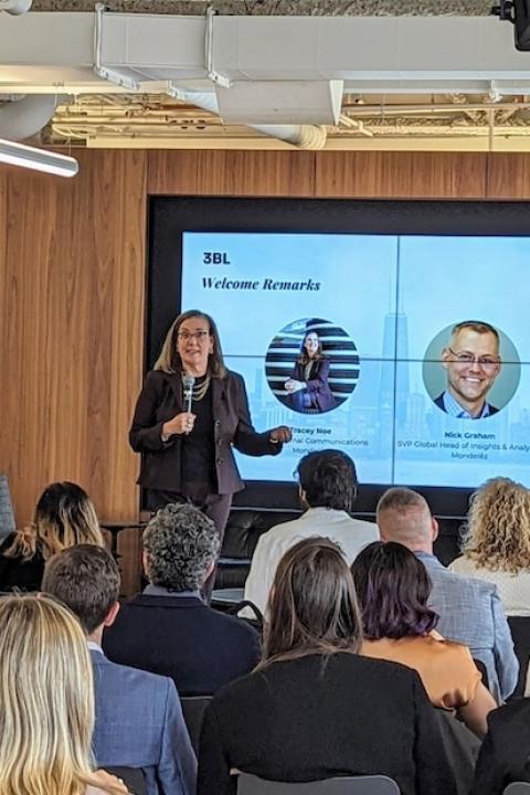 Tracy Noe of Mondelez International speaks at an event